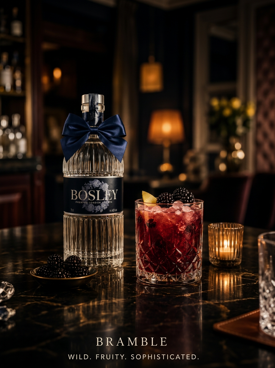The Bosley bottle with its navy satin bow beside a crystal rocks glass of Bramble cocktail, garnished with blackberries and a lemon slice on black marble